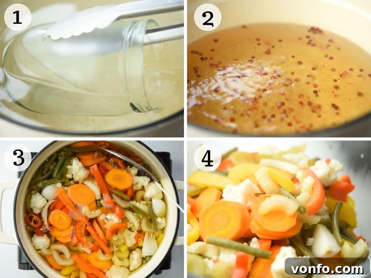 Italy's Tangy Vegetable Medley 3 Step by step photos showing how to prepare Giardiniera Italian Vegetables, including boiling the brine and adding vegetables