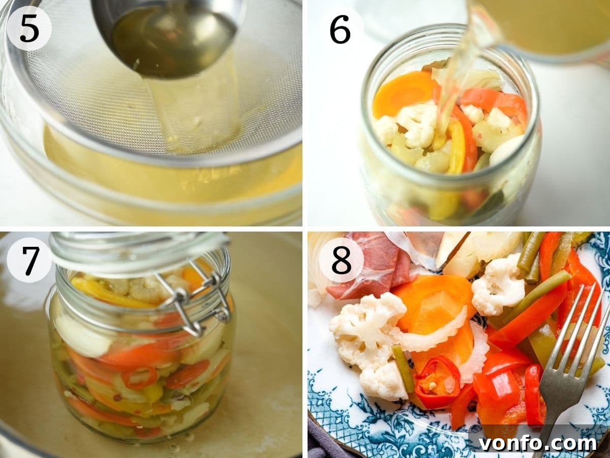 Italy's Tangy Vegetable Medley 4 Step by step photos showing how to can and seal Giardiniera Italian vegetables, including packing jars and water bath canning