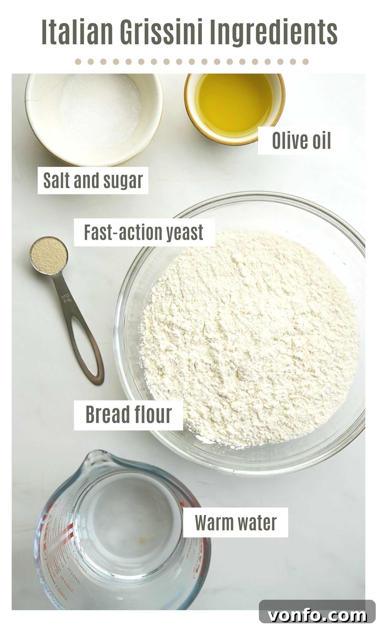 Grissini: Italy's Iconic Breadsticks 3 An overhead shot of all the ingredients you need to make grissini