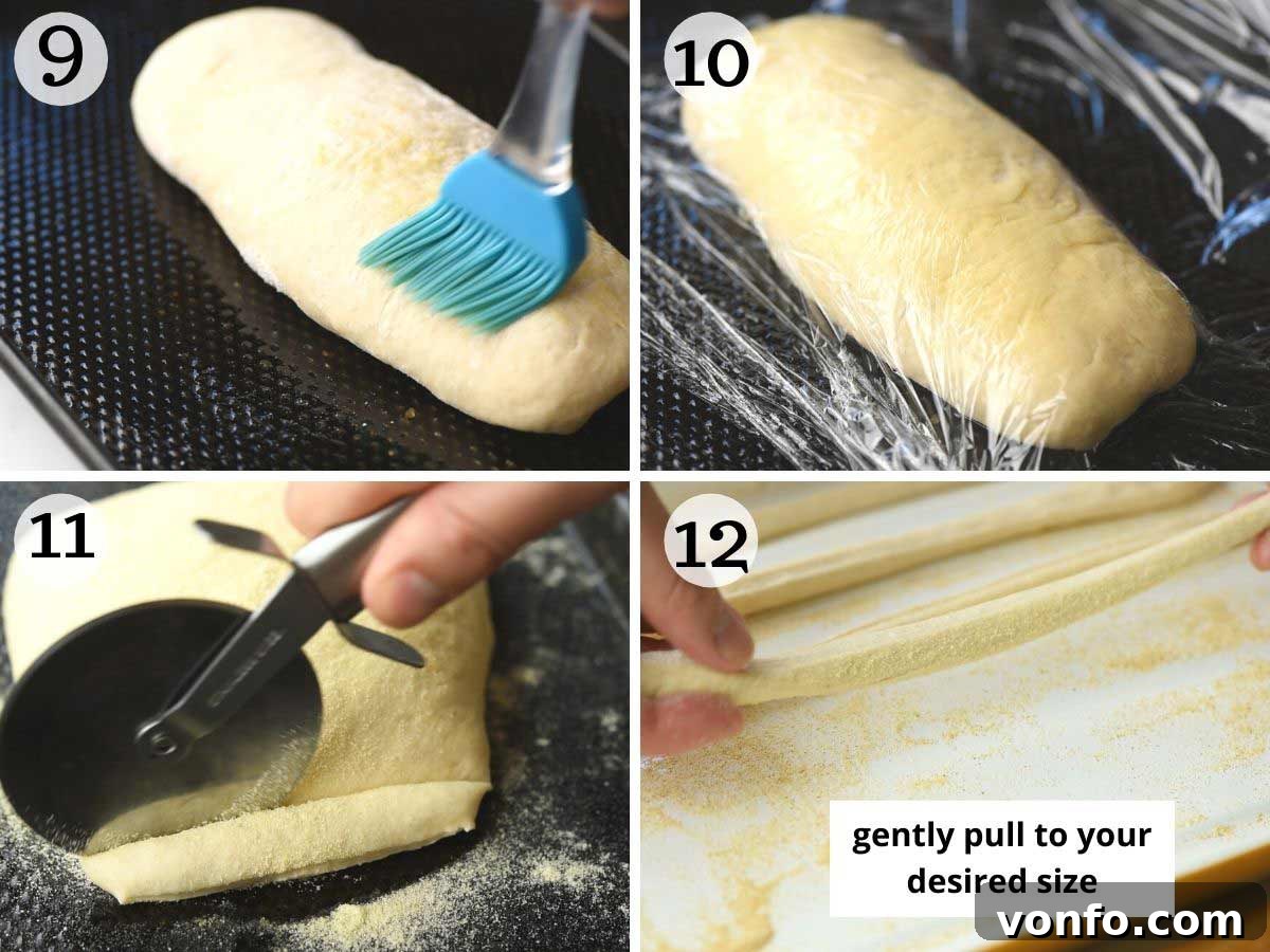 Grissini: Italy's Iconic Breadsticks 6 Step by step photos showing how to cut and stretch grissini breadsticks