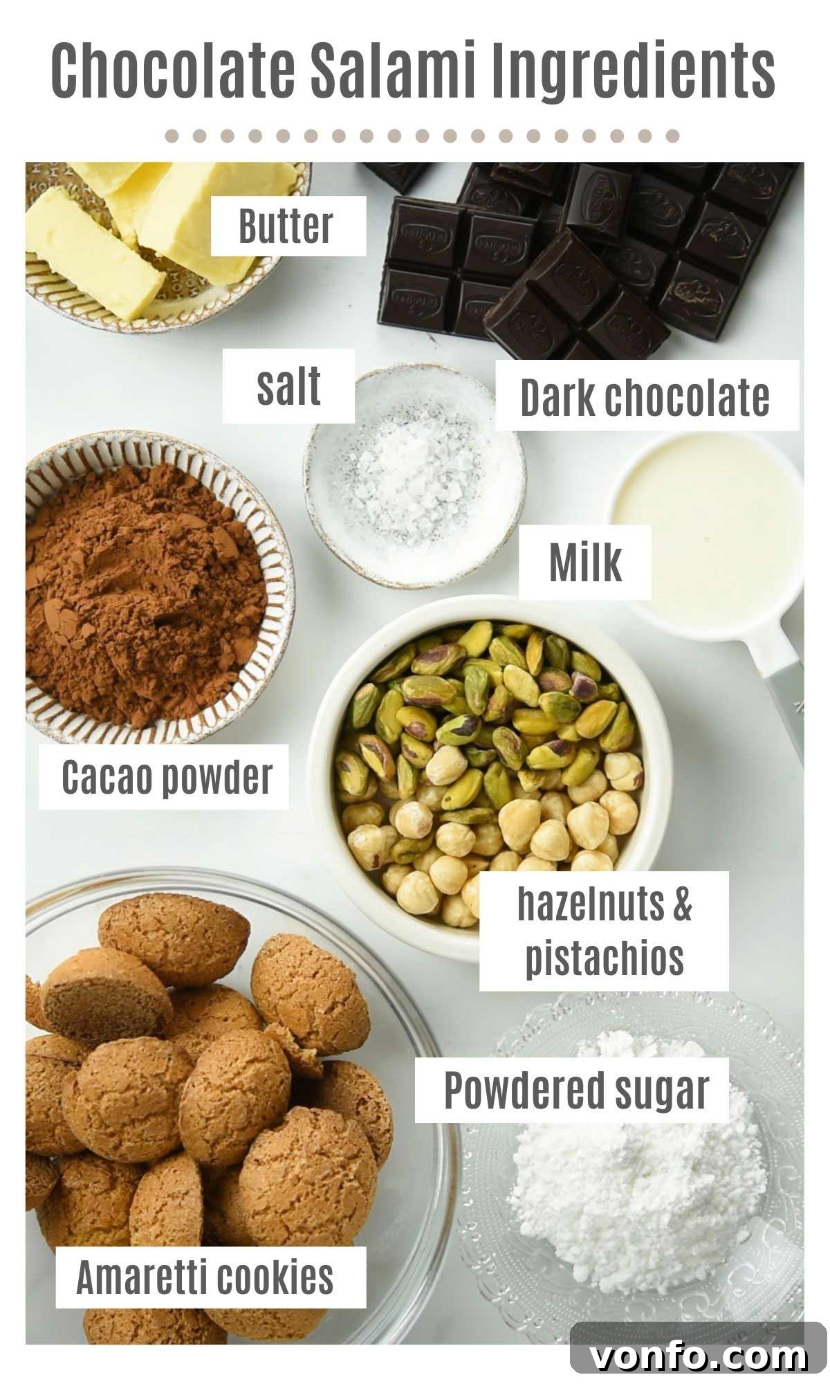An overhead view showcasing all the individual ingredients neatly laid out on a surface, essential for preparing the chocolate salami.