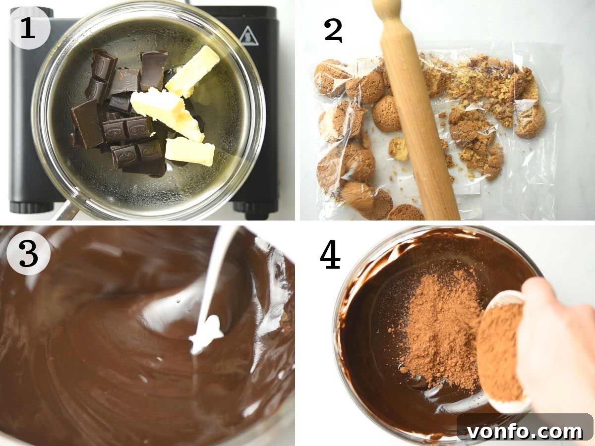A visual guide showing the initial steps of preparing chocolate salami, including melting chocolate and crushing cookies.