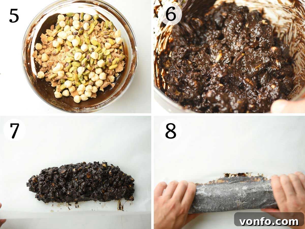 Sequential images illustrating the process of adding nuts and crushed cookies to the melted chocolate mixture.