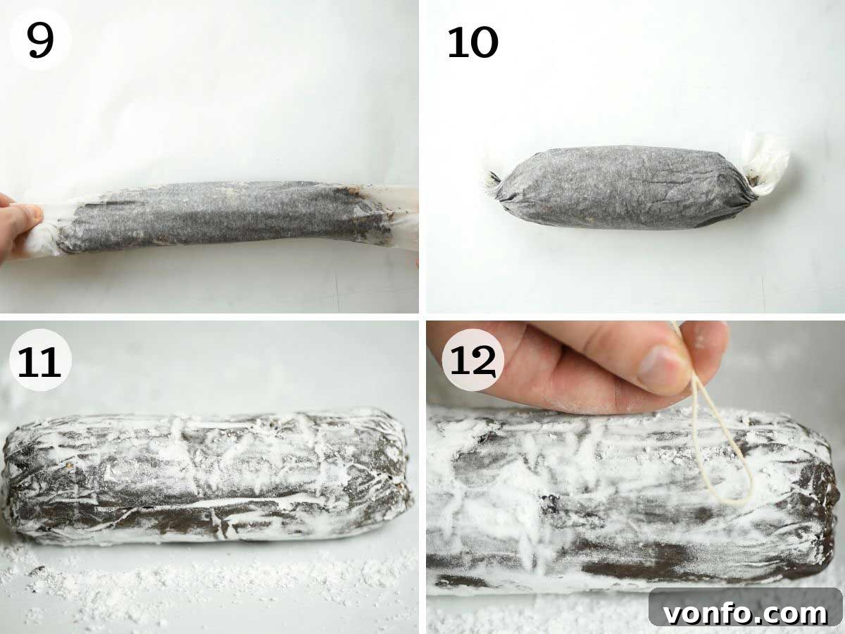 A series of photos depicting the final stages of chocolate salami preparation: rolling the log and dusting with powdered sugar.