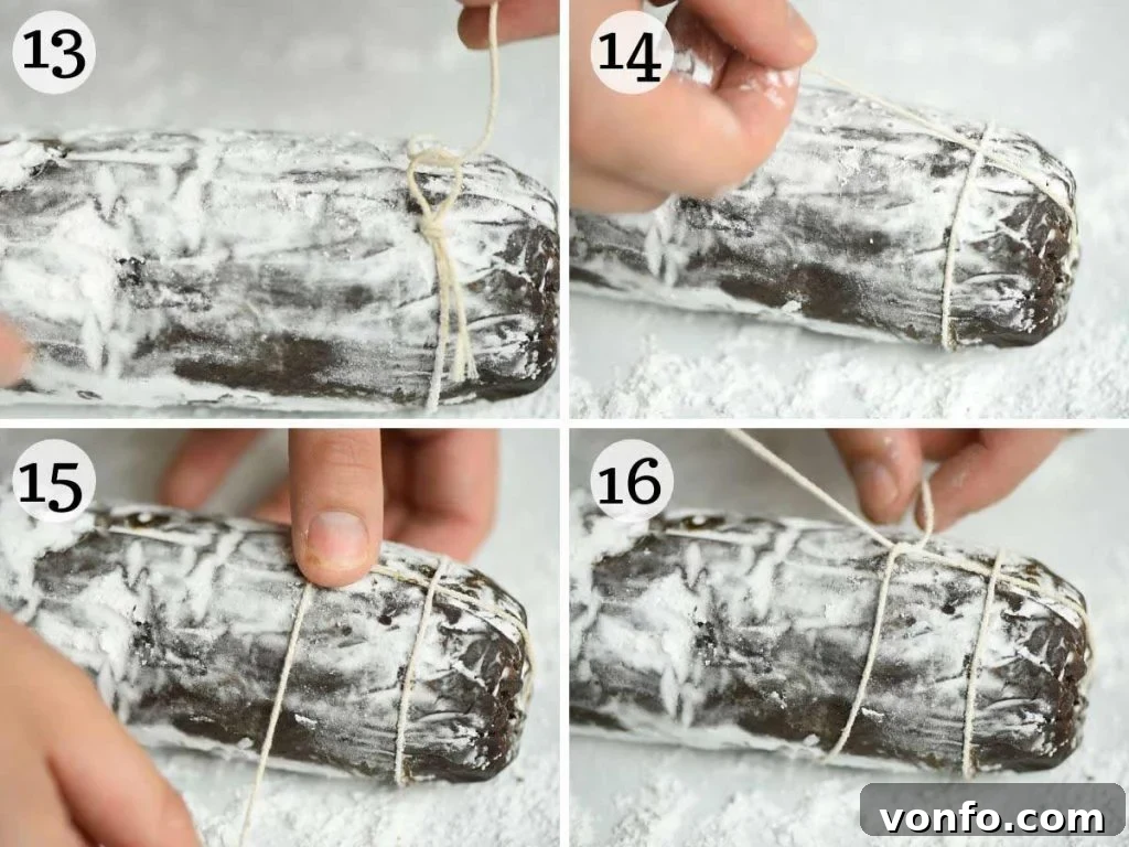 Step-by-step photos demonstrating how to meticulously tie a chocolate salami using kitchen string for an authentic look.