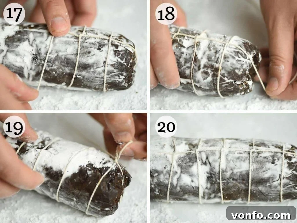 Further step-by-step photos illustrating the conclusion of the chocolate salami preparation, including the final knot tying.