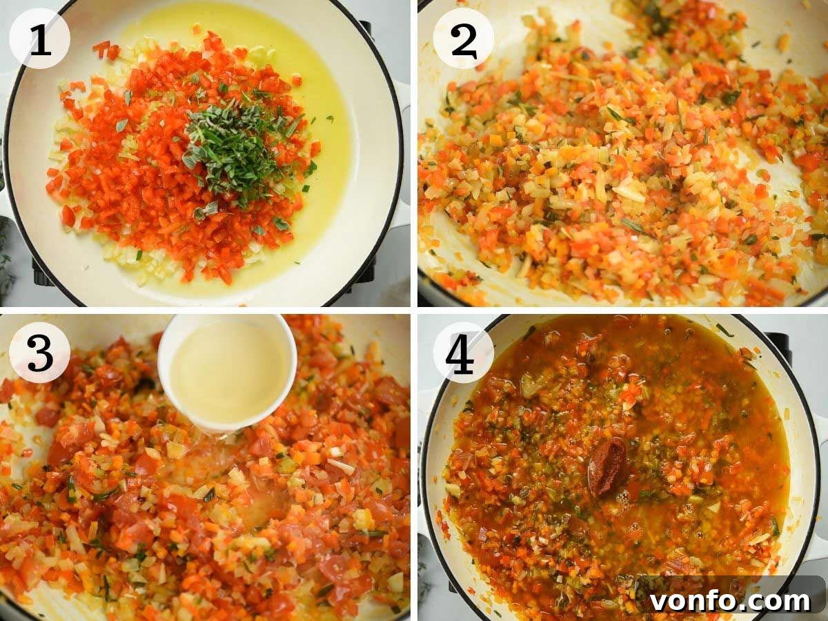 Step by step photos showing how to make vegetable ragu, including the sautéing of vegetables and the initial simmer