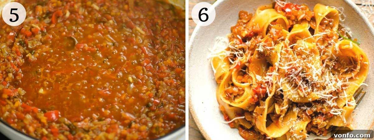 Two photos demonstrating the finished consistency of the vegetable ragu after cooking, showing a rich, thick sauce