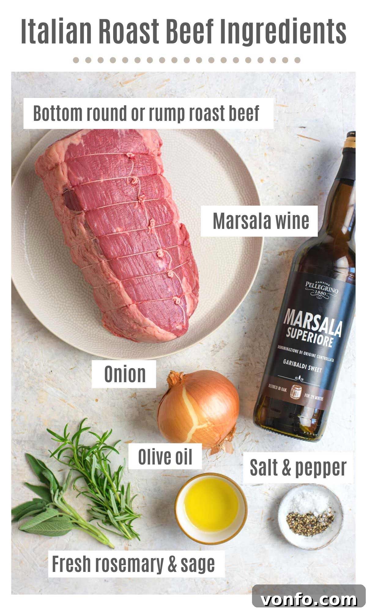 Tender Italian Roast Beef with Marsala and Caramelized Onions 3 Overhead shot of all ingredients for Italian roast beef laid out on a table