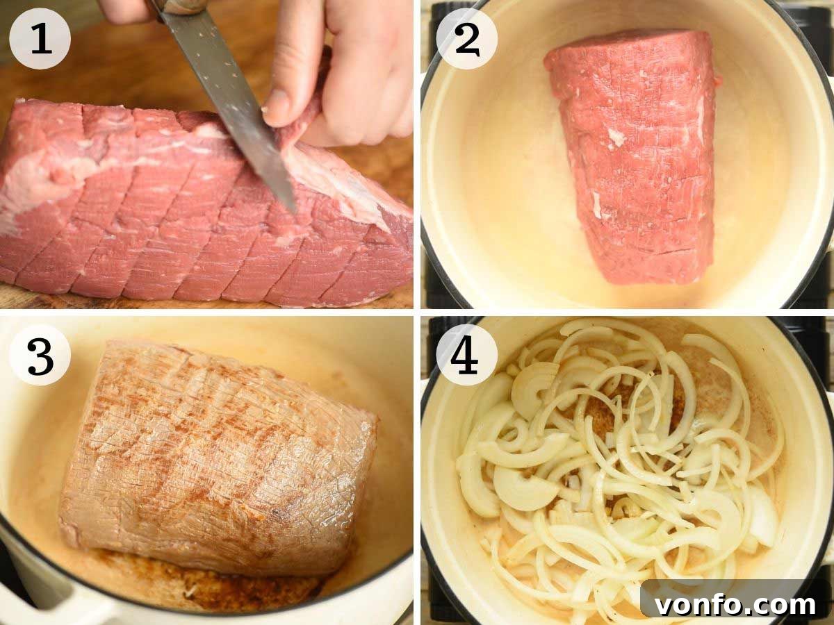 Tender Italian Roast Beef with Marsala and Caramelized Onions 4 Step-by-step photos showing how to properly brown Italian roast beef