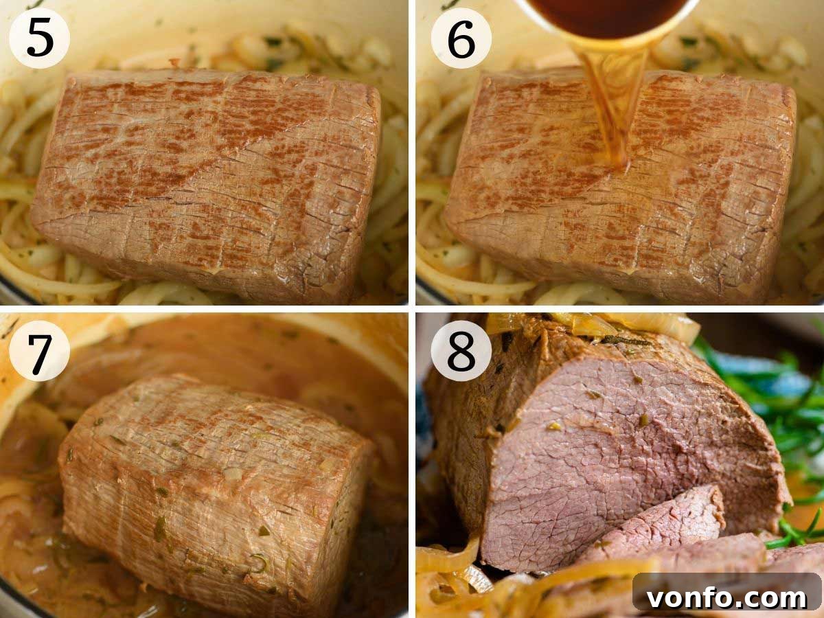 Tender Italian Roast Beef with Marsala and Caramelized Onions 5 Step-by-step photos illustrating the roasting process for Italian roast beef