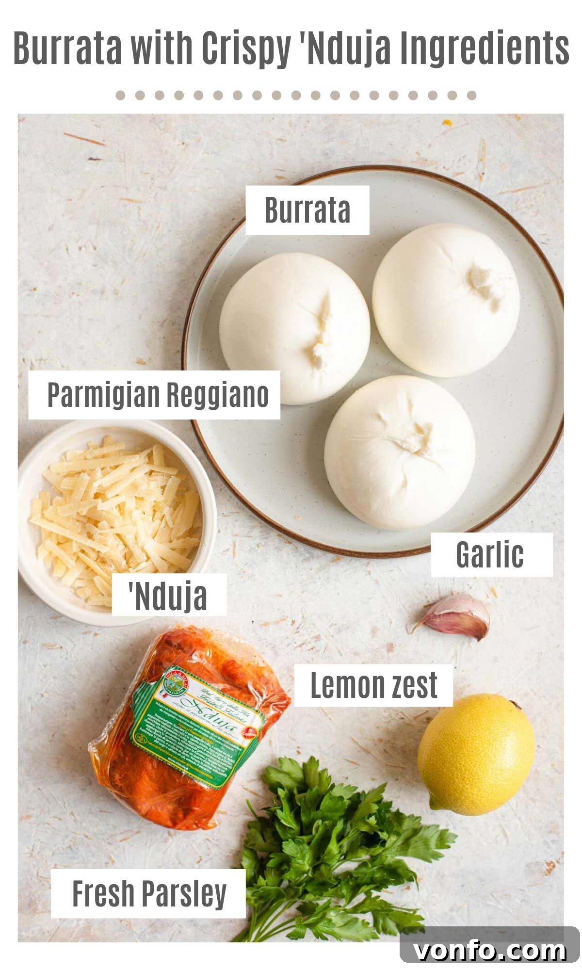 An overhead shot of all the fresh ingredients laid out for making Burrata with 'Nduja and gremolata, including burrata balls, 'Nduja, lemon, parsley, garlic, and Parmigiano Reggiano.