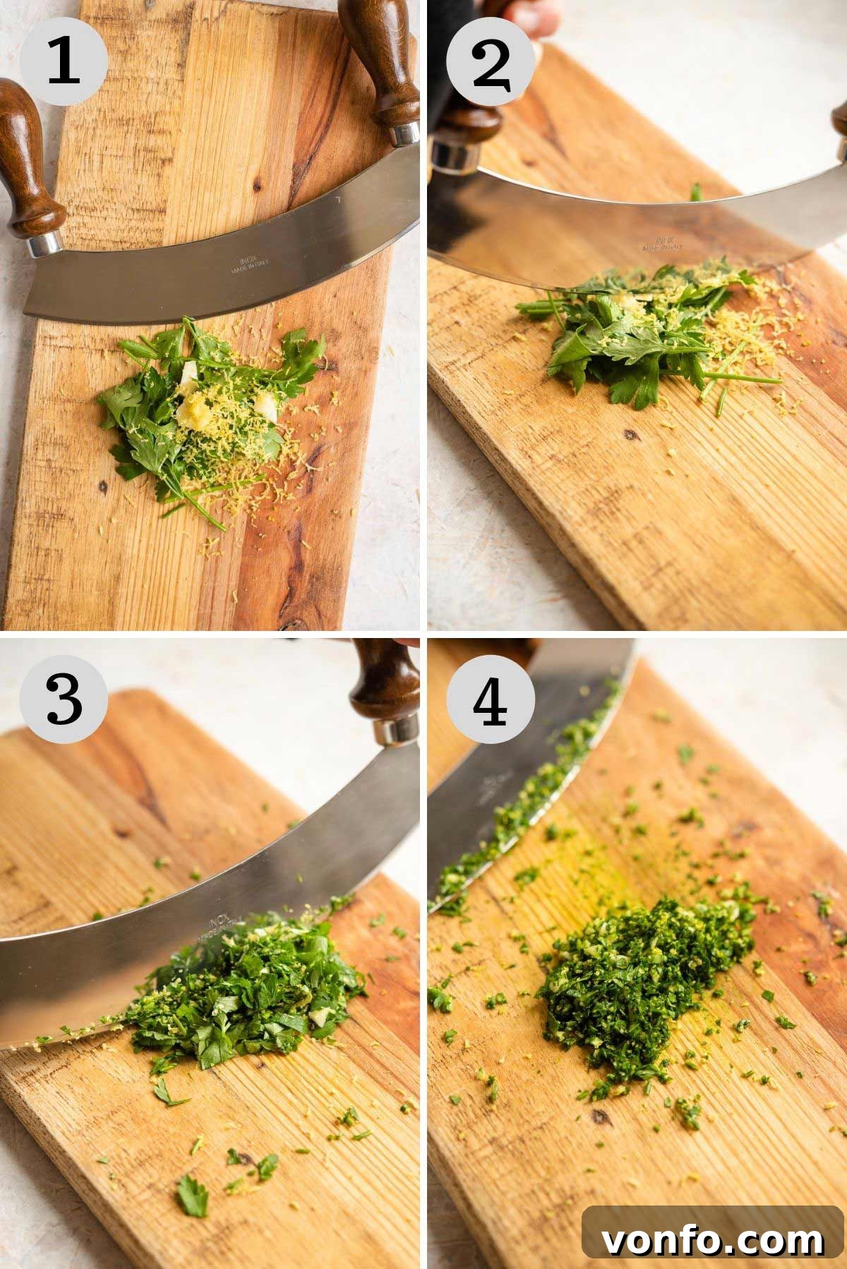 Step by step photos showing how to make gremolata, with garlic, parsley, and lemon zest being finely chopped on a cutting board.