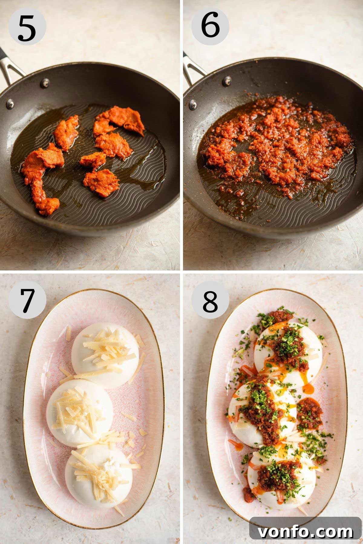 Step by step photos showing how to assemble a burrata appetizer, from frying 'Nduja to placing burrata on a plate.