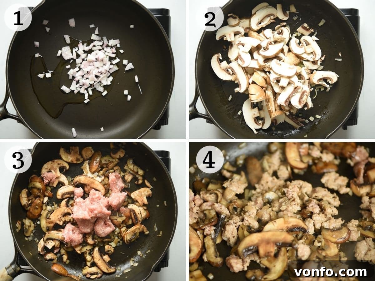 Step-by-step photos illustrating the sautéing of shallots, then mushrooms, followed by Italian sausage crumbling and browning in a skillet.