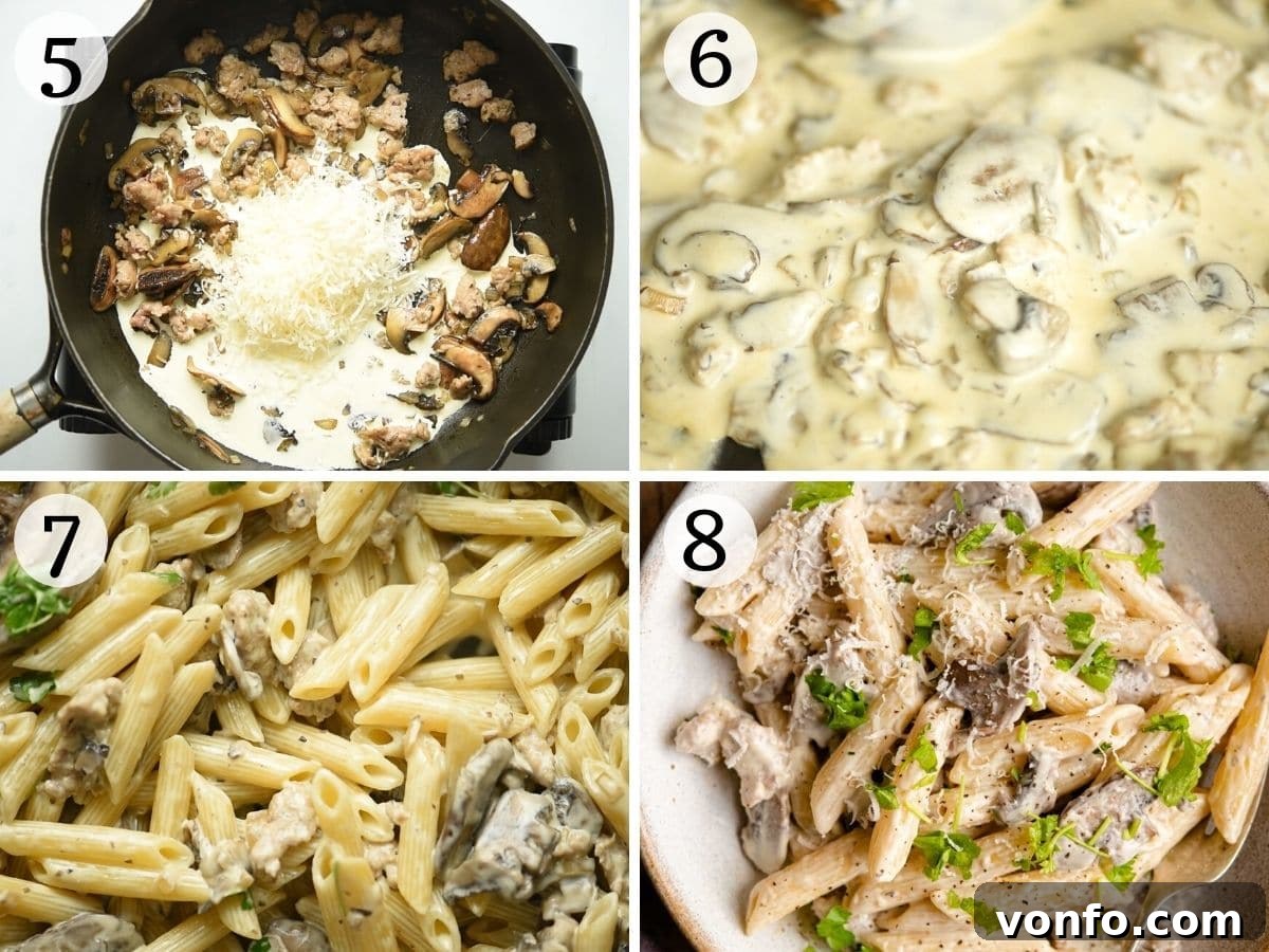 Step-by-step photos showing the addition of cream and Parmesan to the sausage and mushroom mixture, followed by gentle simmering to create a rich sauce for Pasta alla Boscaiola.