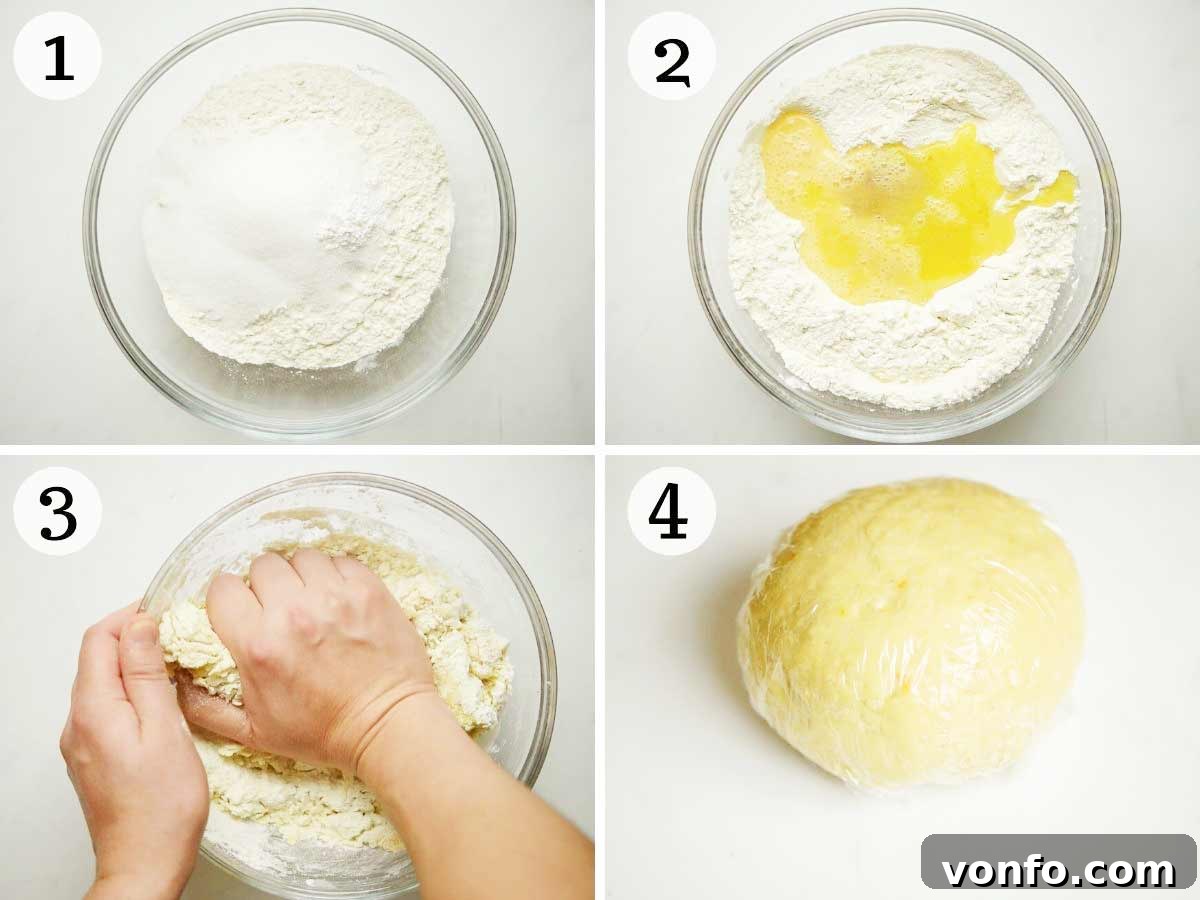 Struffoli Italy's Golden Honey Treats 4 Step-by-step photos illustrating the process of making Struffoli dough, from mixing dry and wet ingredients, to kneading into a smooth ball, and finally wrapping it for resting.