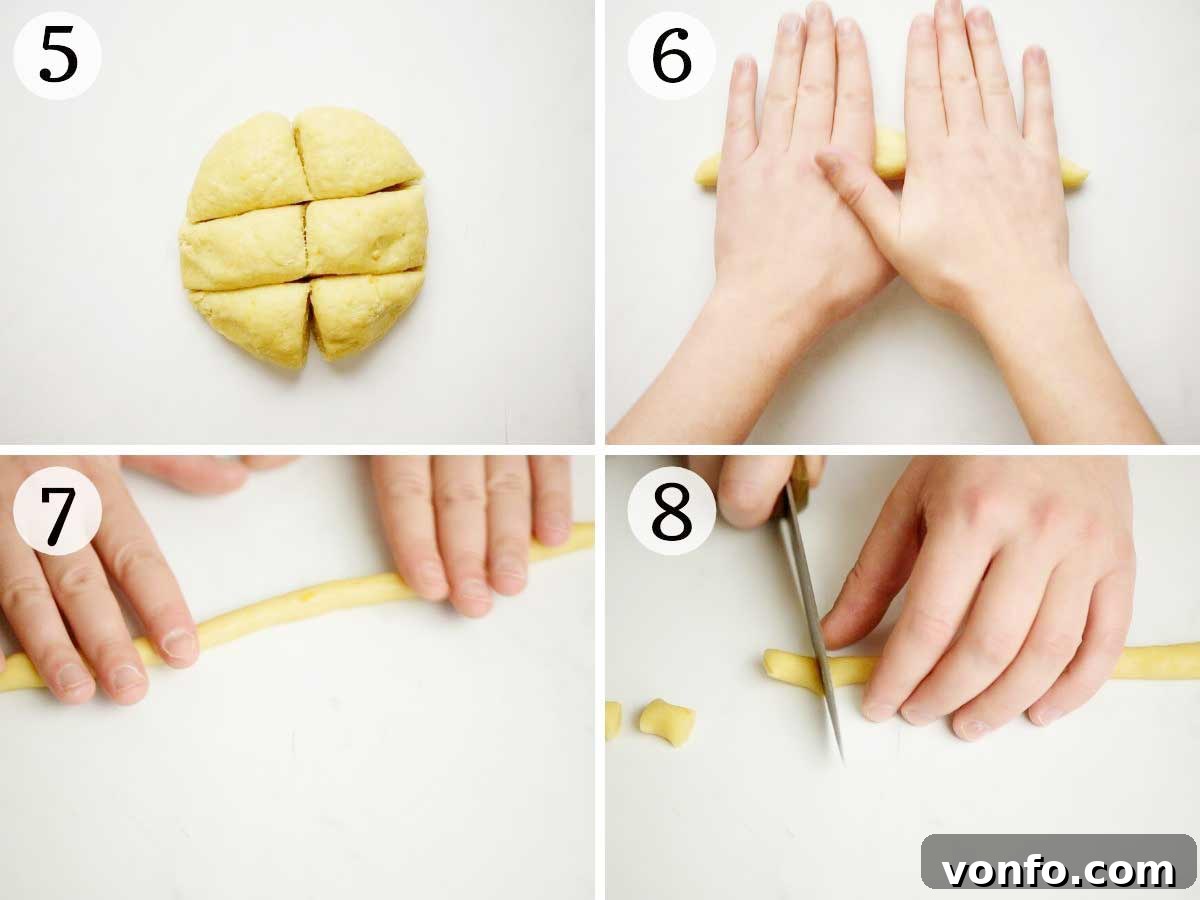 Struffoli Italy's Golden Honey Treats 5 Step-by-step photos demonstrating how to roll Struffoli dough into long, thin logs and then precisely cut them into small, uniform pieces.