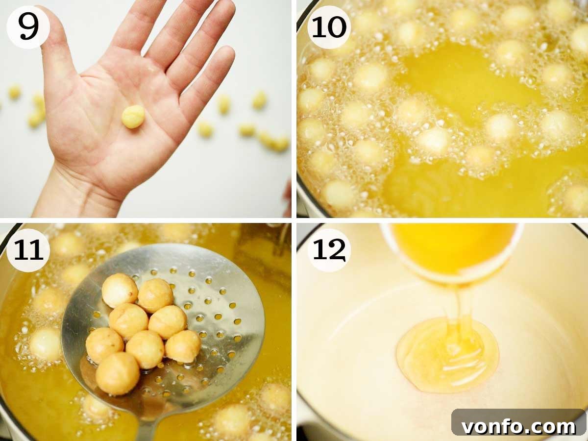 Struffoli Italy's Golden Honey Treats 6 Step-by-step photos illustrating the frying process of Struffoli, showing them turning golden brown in hot oil and then draining on kitchen paper.