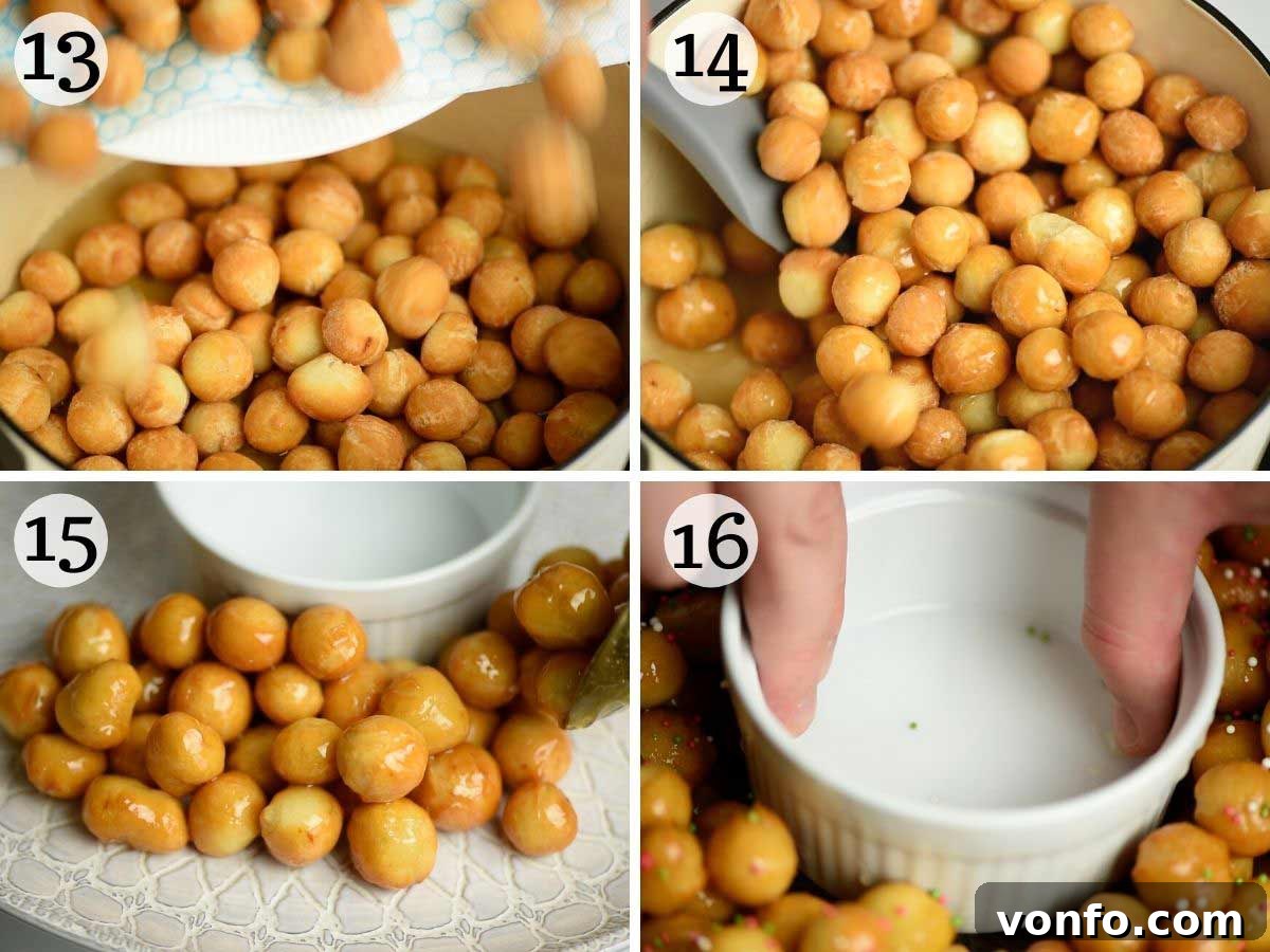 Struffoli Italy's Golden Honey Treats 7 Step-by-step photos depicting the process of tossing Struffoli in warm honey and then arranging them into a festive ring shape on a serving platter.