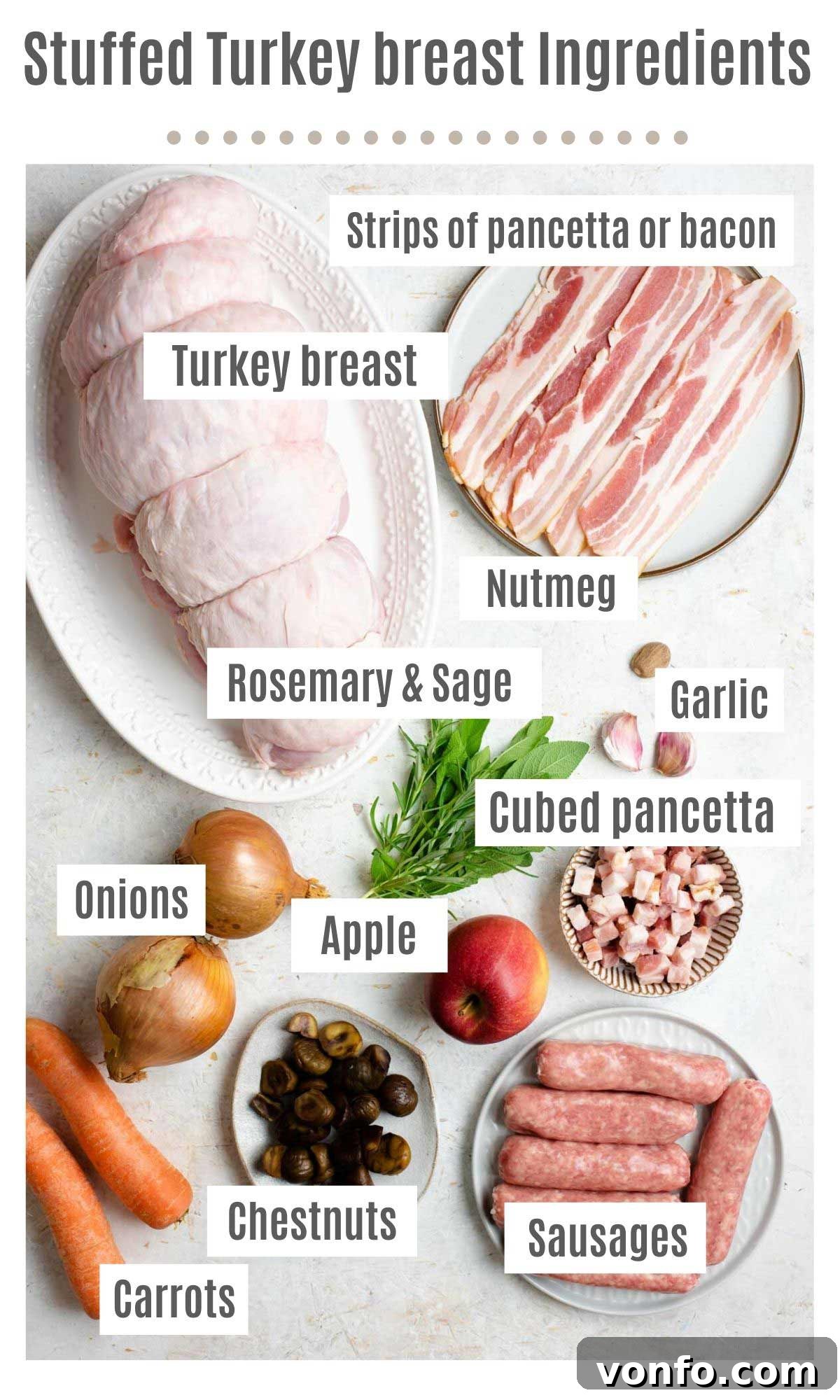Savory Sausage and Chestnut Stuffed Turkey Breast 3 An overhead shot of all the ingredients you need to make stuffed turkey breast