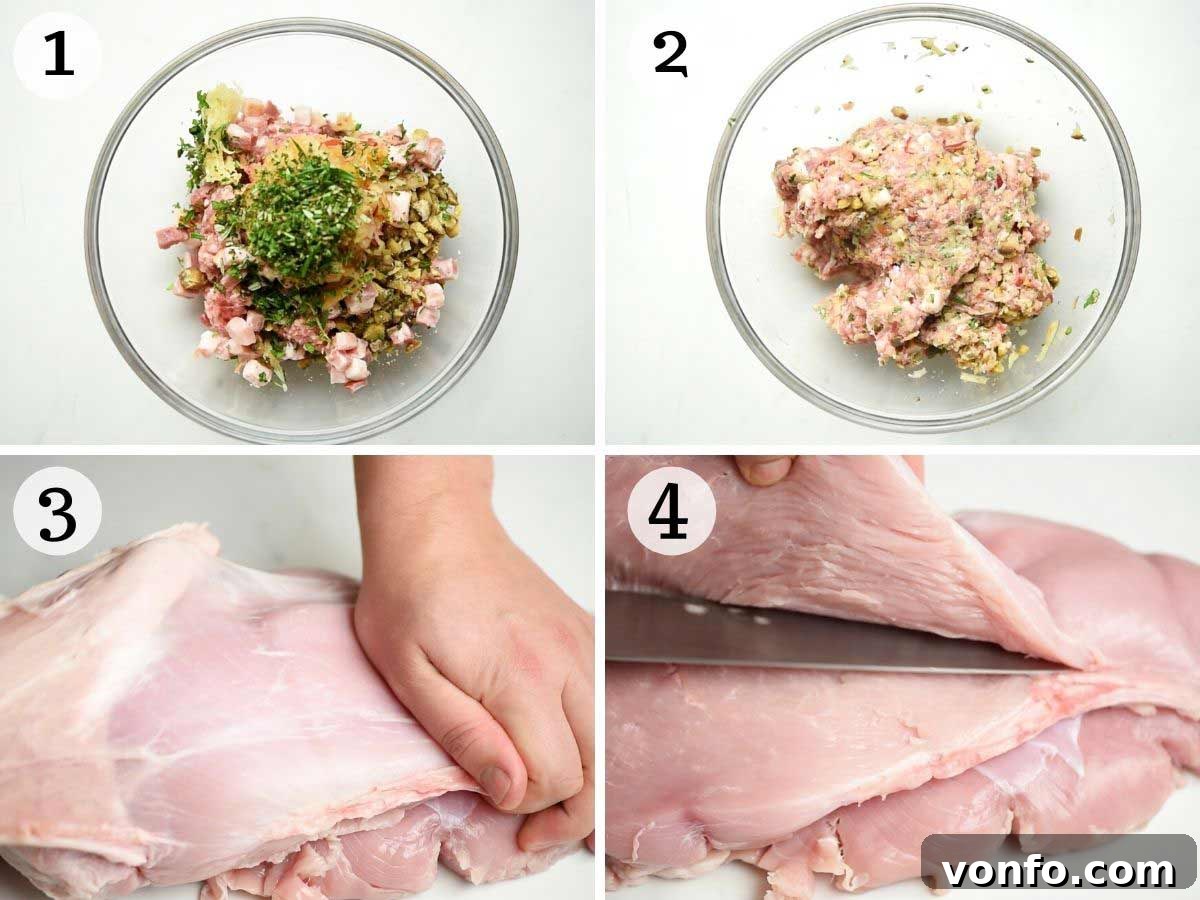 Savory Sausage and Chestnut Stuffed Turkey Breast 4 Step by step photos showing how to make sausage stuffng and butterfly a turkey breast