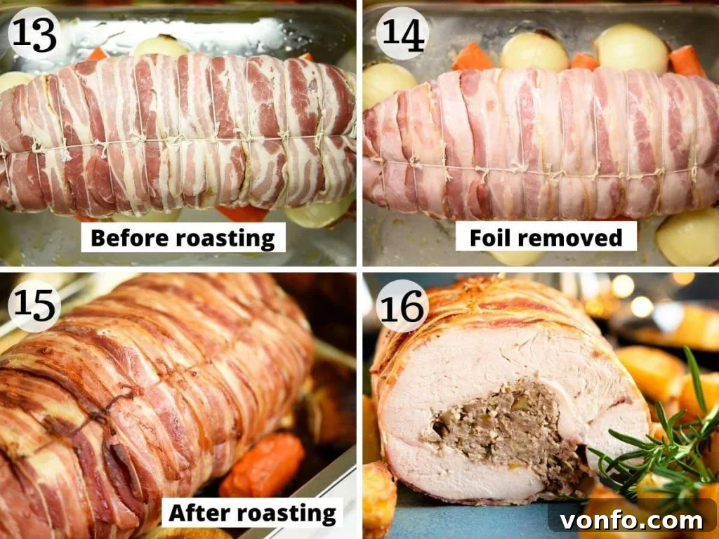 Savory Sausage and Chestnut Stuffed Turkey Breast 7 Step by step photos showing a stuffed turkey breast before and after roasting