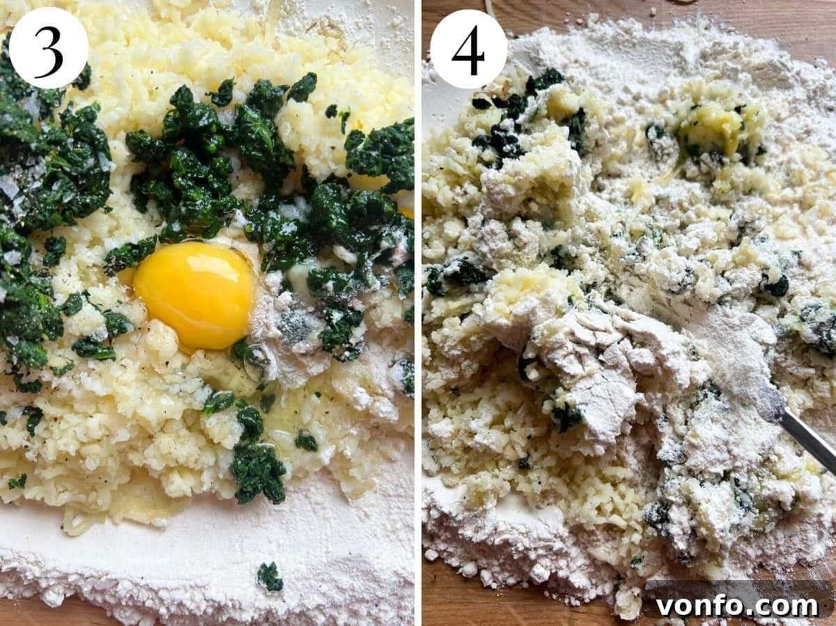 Pillowy Spinach Chicche in Velvety Parmigiano Butter 8 Two photos in a collage showing how to make spinach and potato gnocchi dough.