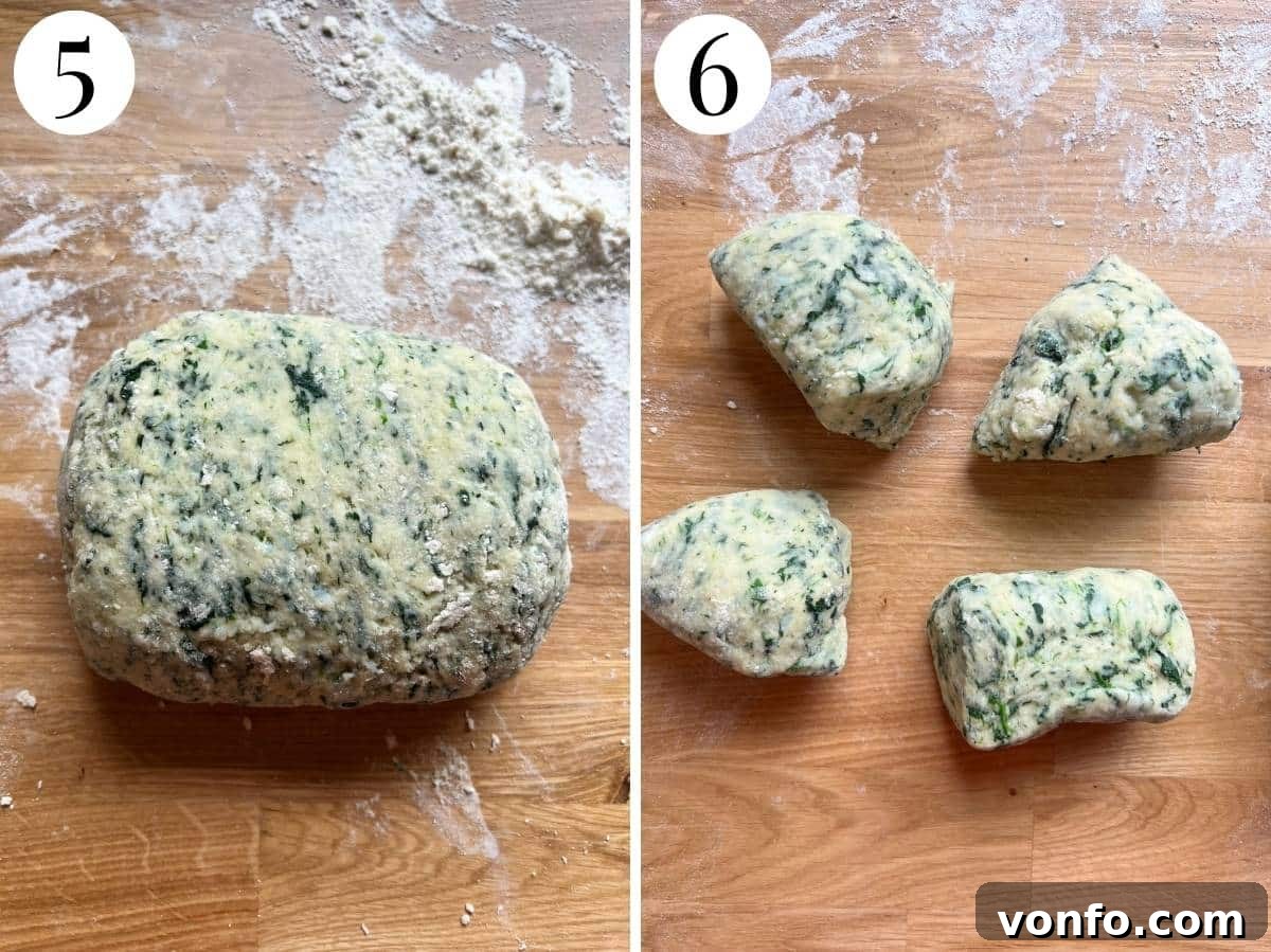 Pillowy Spinach Chicche in Velvety Parmigiano Butter 9 Two photos in a collage showing how to divide the gnocchi dough.