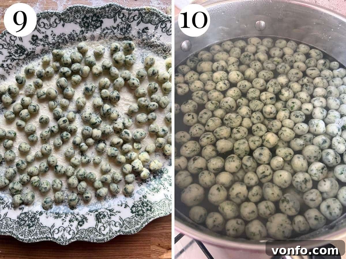 Pillowy Spinach Chicche in Velvety Parmigiano Butter 11 Two photos in a collage showing before and after cooking the mini gnocchi.
