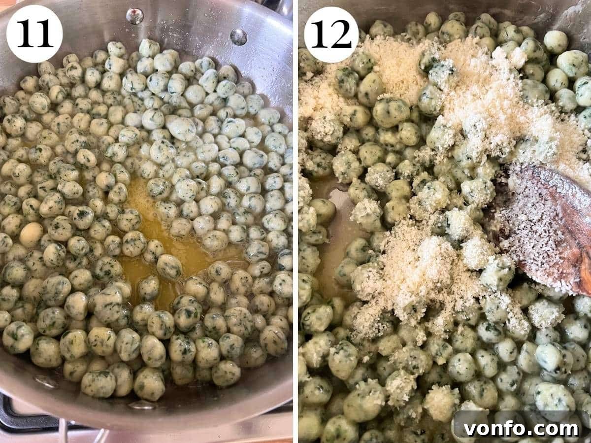 Pillowy Spinach Chicche in Velvety Parmigiano Butter 12 Two photos in a collage showing how to make a parmigiano and butter sauce for gnocchi.