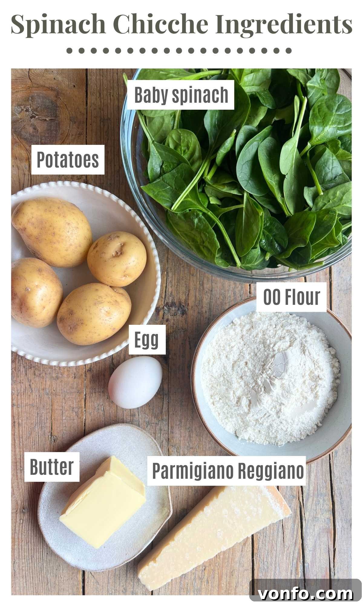 Pillowy Spinach Chicche in Velvety Parmigiano Butter 3 An overhead shot of all the ingredients needed to make mini spinach gnocchi (chicche) with a parmigiano butter sauce.