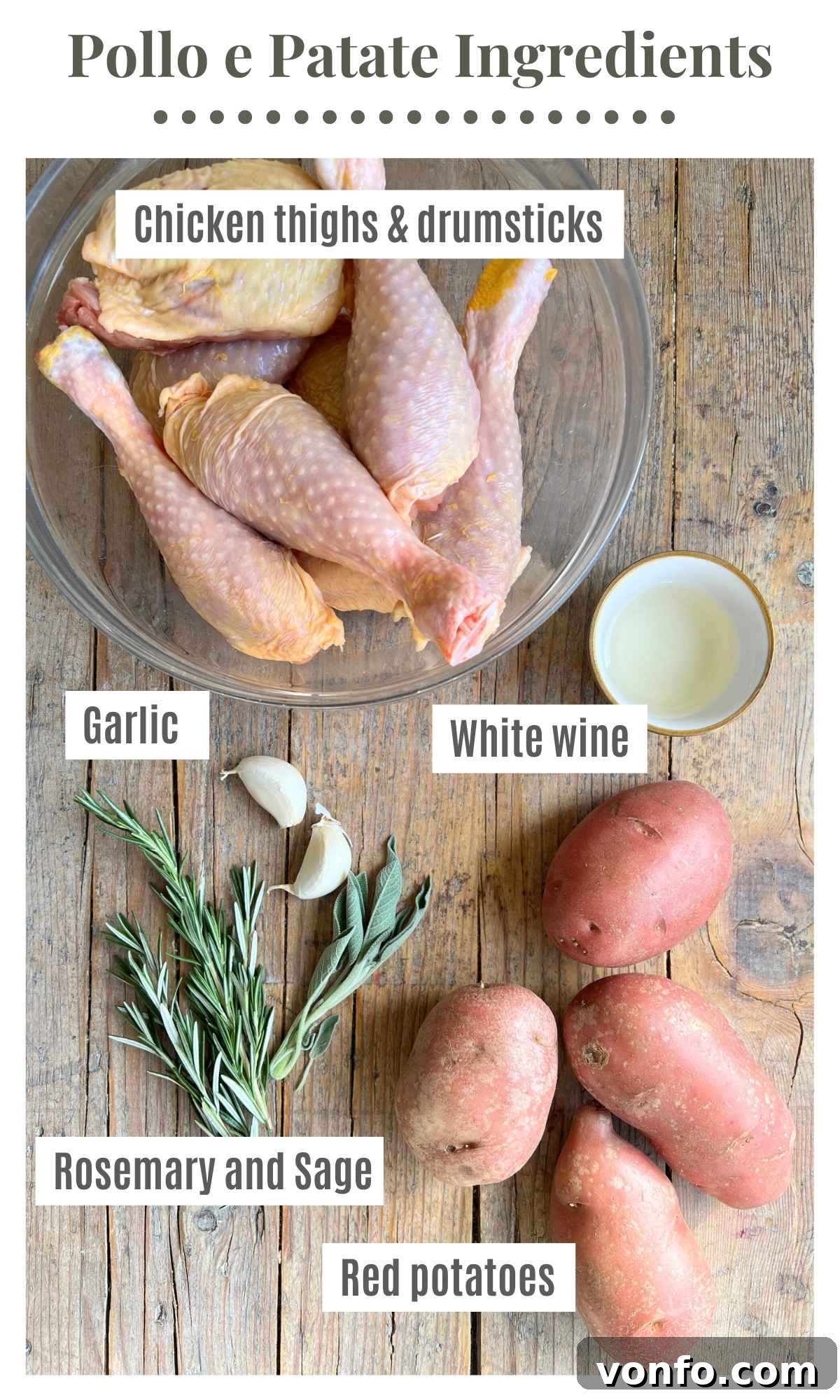 All the fresh ingredients needed to prepare Italian chicken and potatoes on a rustic wooden surface. Featuring chicken thighs and drumsticks, a bottle of white wine, fresh sprigs of rosemary and sage, whole garlic cloves, and vibrant red potatoes.