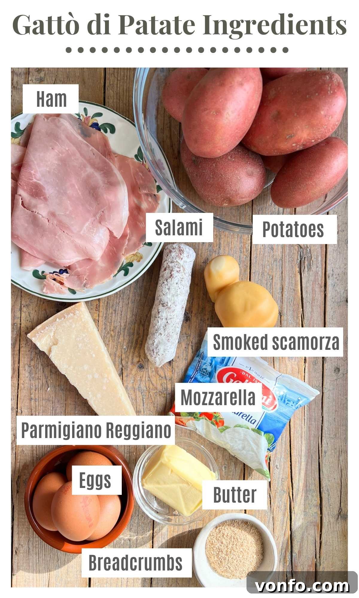 Gattò di Patate Ingredients An overhead shot showcasing all the fresh ingredients needed to prepare Neapolitan Gatto di Patate, artfully arranged on a rustic wooden surface.