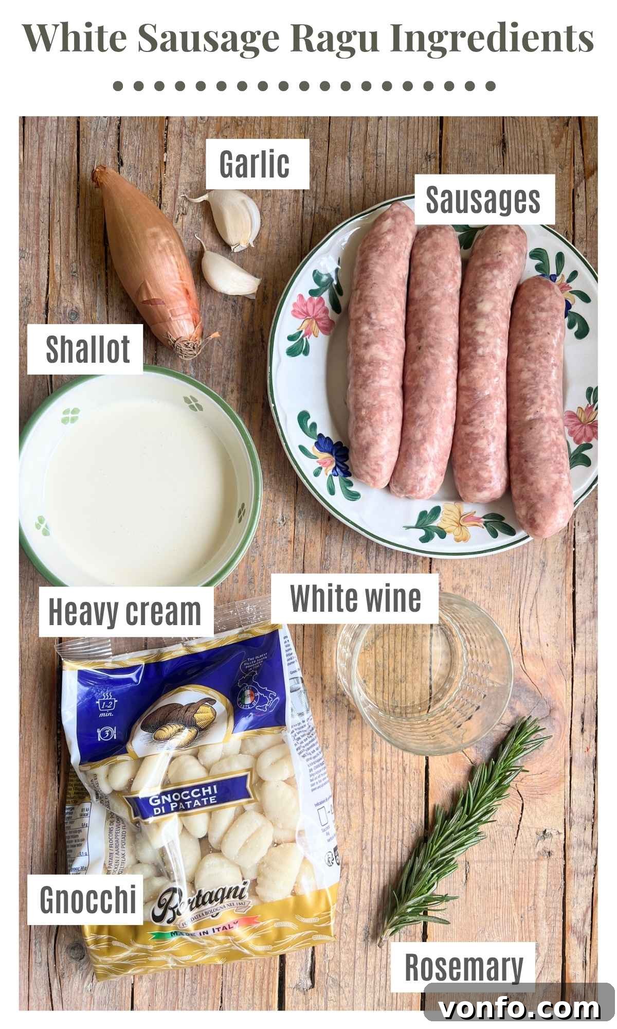 An overhead shot showcasing all the fresh, high-quality ingredients required to prepare gnocchi with a creamy white sausage ragu, neatly arranged on a rustic wooden surface.