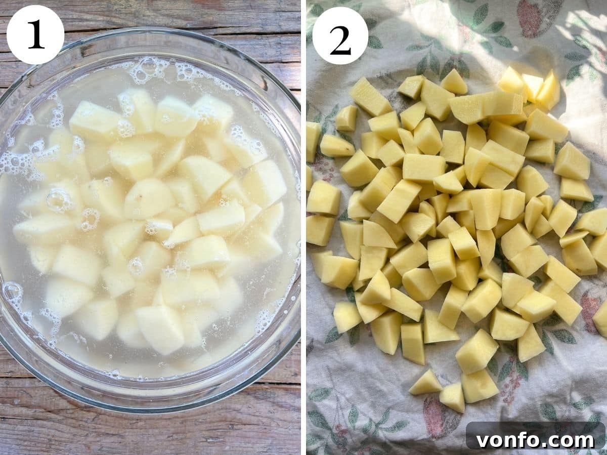 Two photos in a collage showing potatoes soaking in a bowl and then getting dried on a towel, illustrating essential preparation steps.
