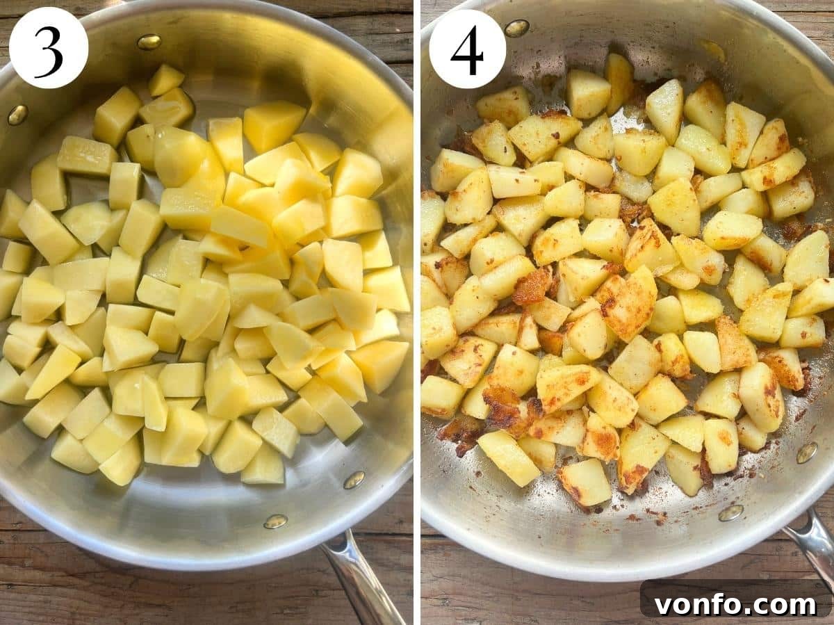 Two photos showing potatoes in a pan before and after being fried until slightly golden and tender.