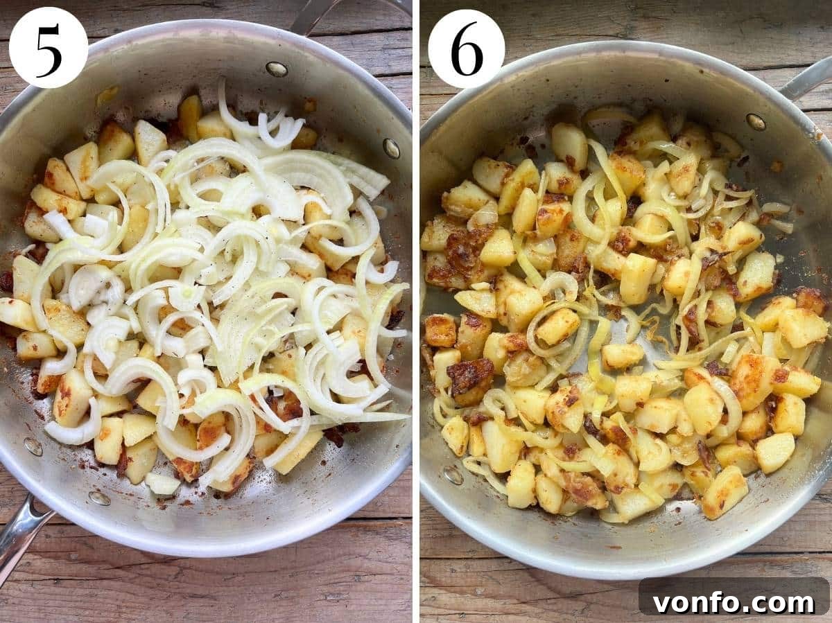 Two photos showing the process of cooking potatoes and onions, before and after they are softened under a lid.