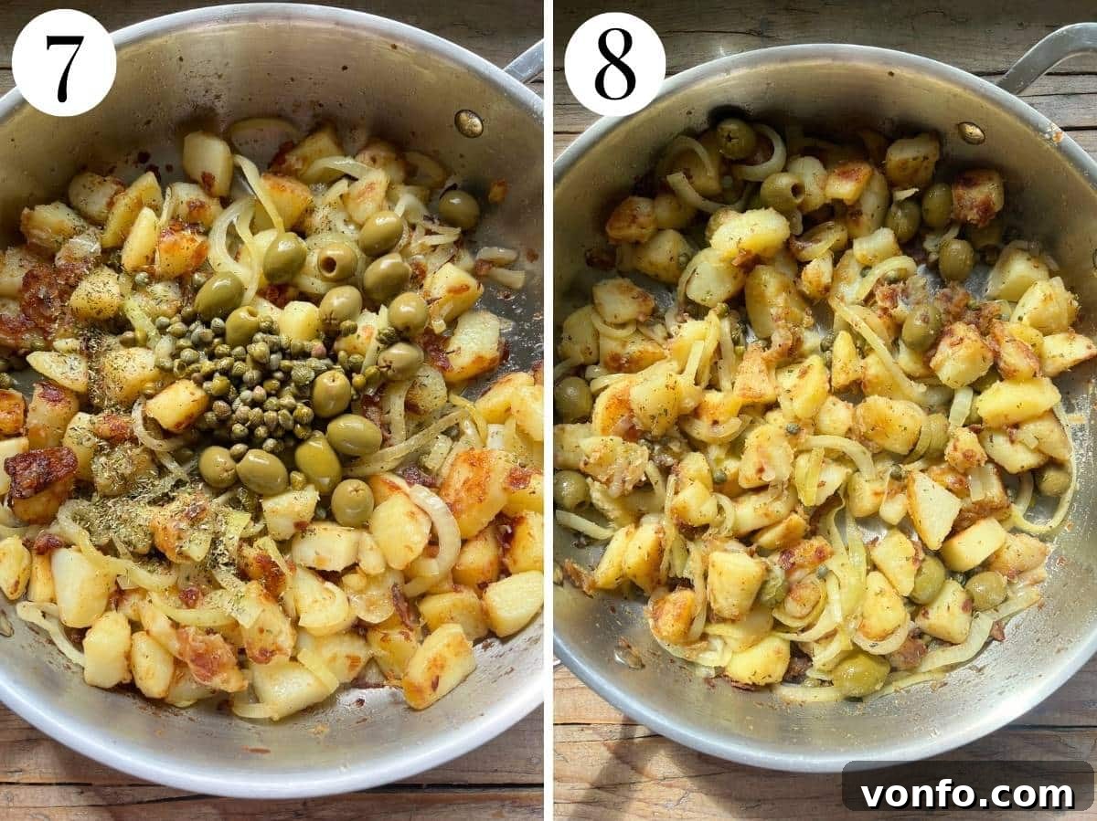 Two photos showing the before and after of adding capers, olives, and oregano to the potato dish, enhancing its Mediterranean flavor.