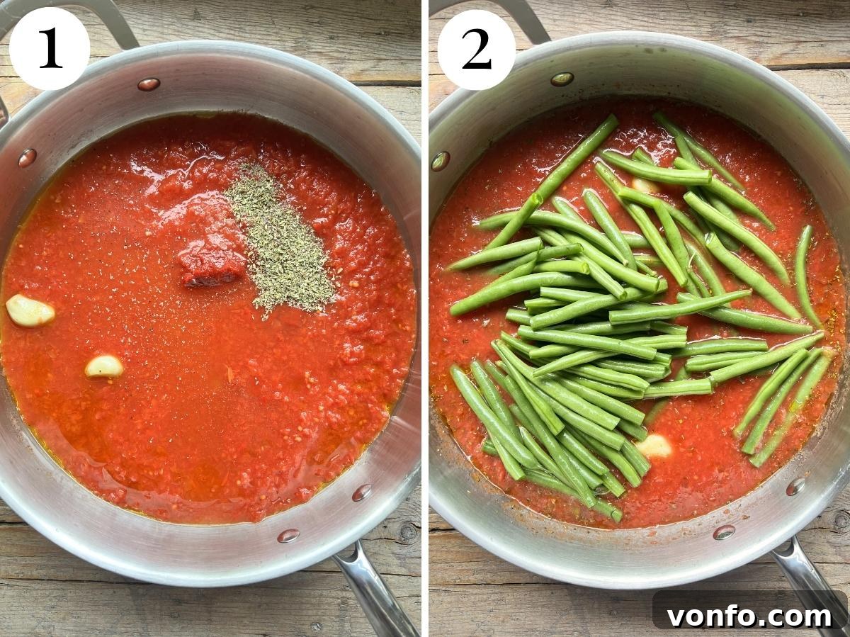 Zesty Green Beans with Olives and Capers 6 Two sequential photos illustrating the preparation of the tomato sauce: first, gently sautéing garlic in olive oil, followed by the addition of chopped tomatoes, water, tomato paste, and a sprinkle of seasonings to form the flavorful sauce base.