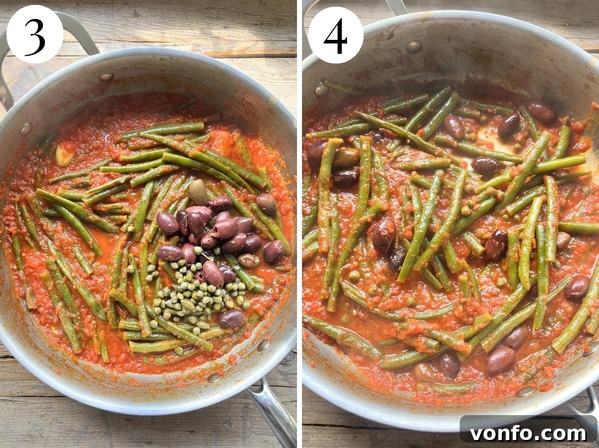 Zesty Green Beans with Olives and Capers 7 Two sequential photos depicting the cooking process: first, green beans simmering in the tomato sauce, followed by the addition of olives and capers, completing the dish.
