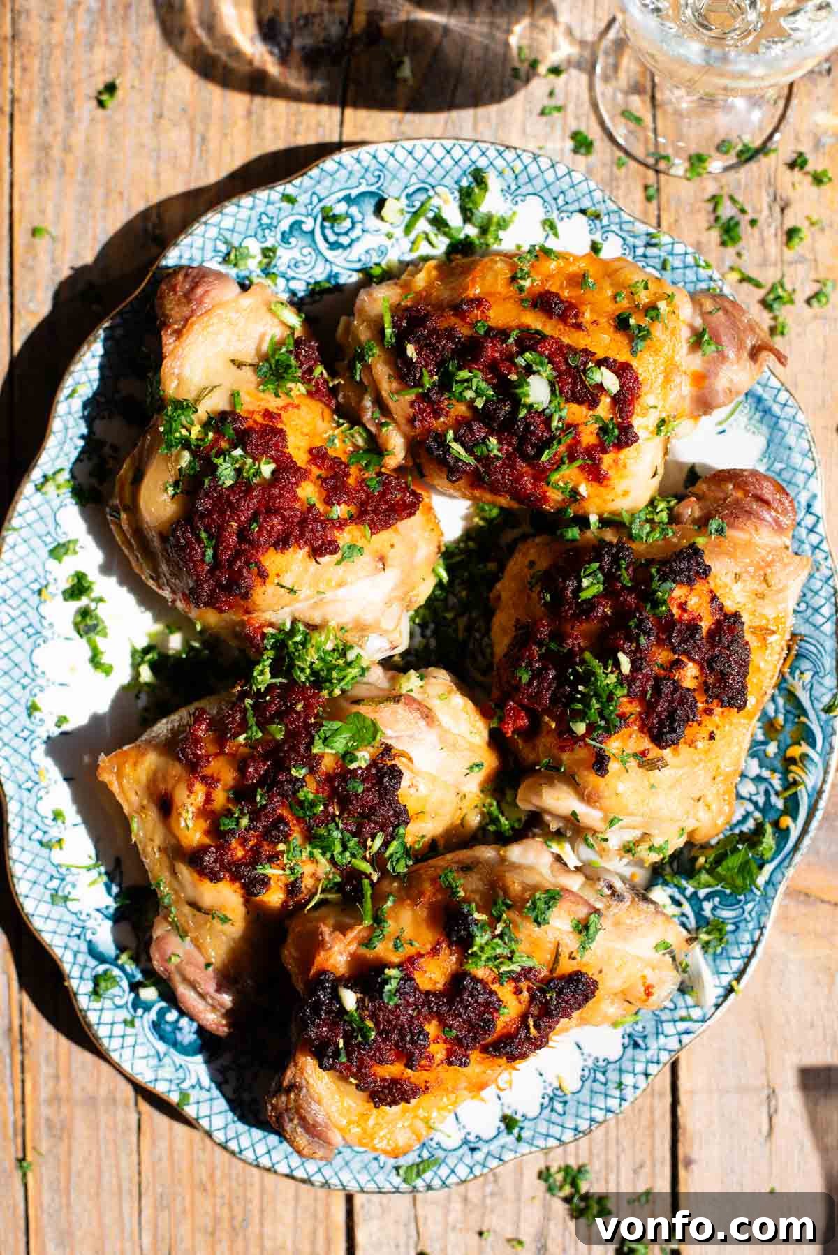 Nduja-Baked Chicken with Roasted Tomatoes and Herbs 2 Baked chicken thighs with nduja on top sitting on a white and blue serving plate.