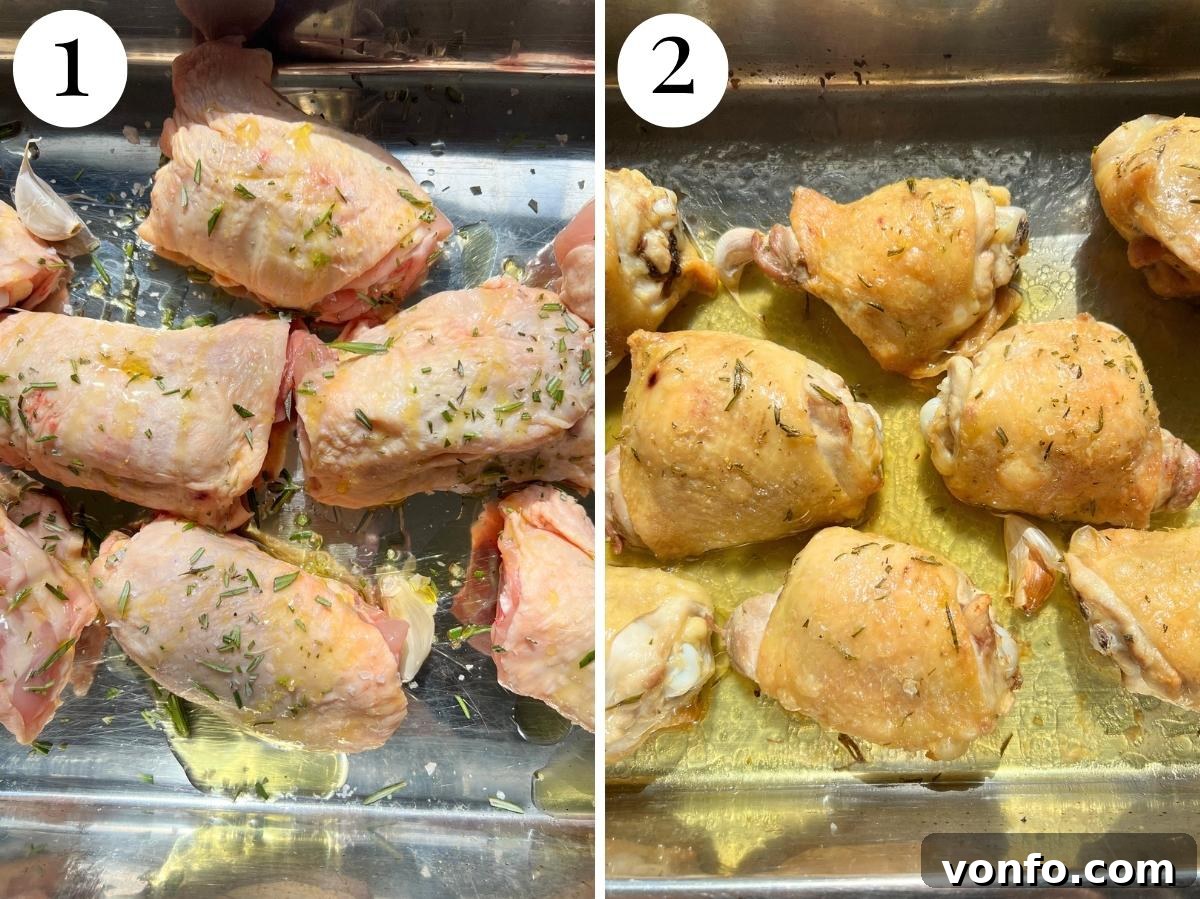 Nduja-Baked Chicken with Roasted Tomatoes and Herbs 6 Two photos showing before and after baking chicken thighs.