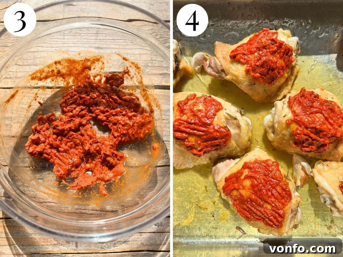 Nduja-Baked Chicken with Roasted Tomatoes and Herbs 7 two photos showing Nduja in a bowl and then it spread over chicken.