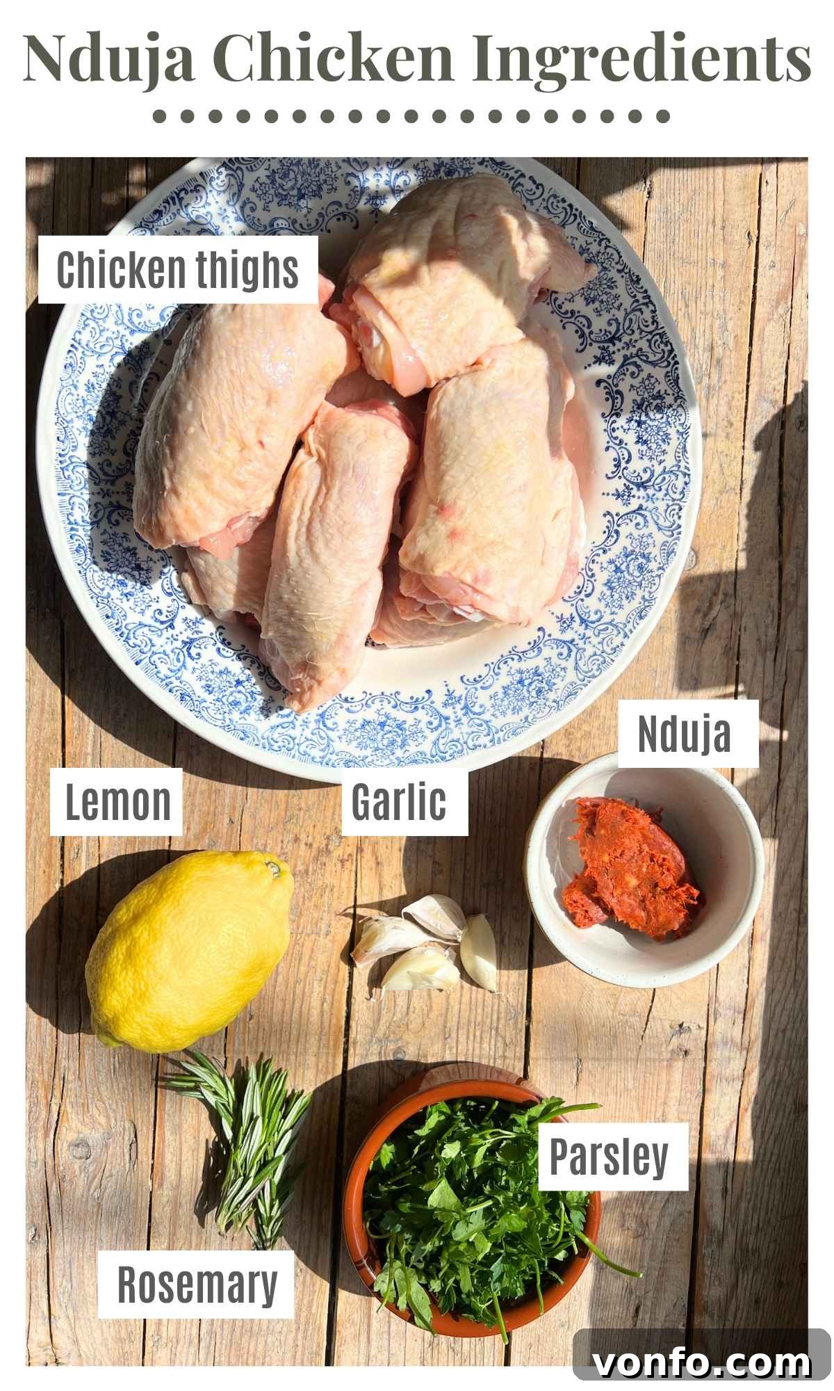 Nduja-Baked Chicken with Roasted Tomatoes and Herbs 3 An overhead shot showing all the ingredients needed to make Nduja baked chicken thighs.