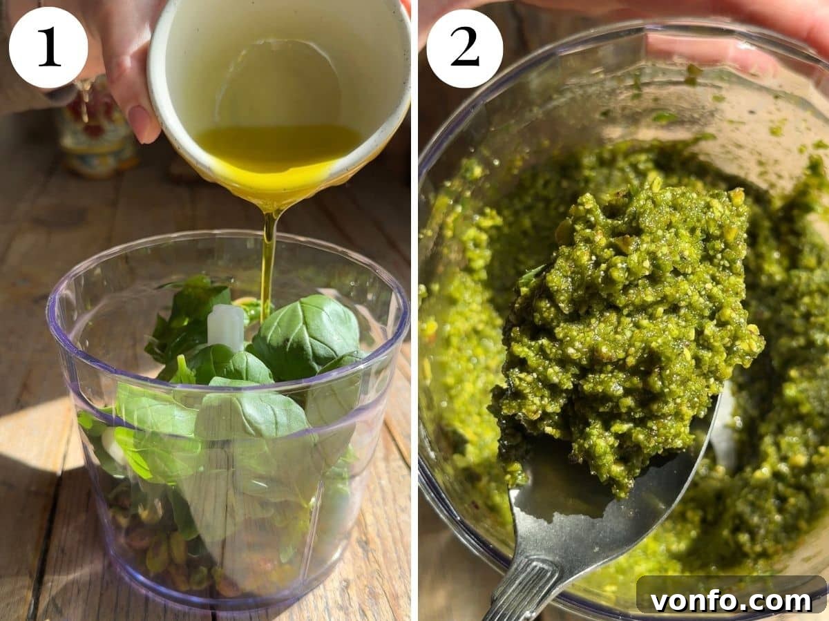 Sicilian Pistachio Pasta with Shrimp and Lemon Cream 10 Two photos in a collage showing how to make pistachio pesto.