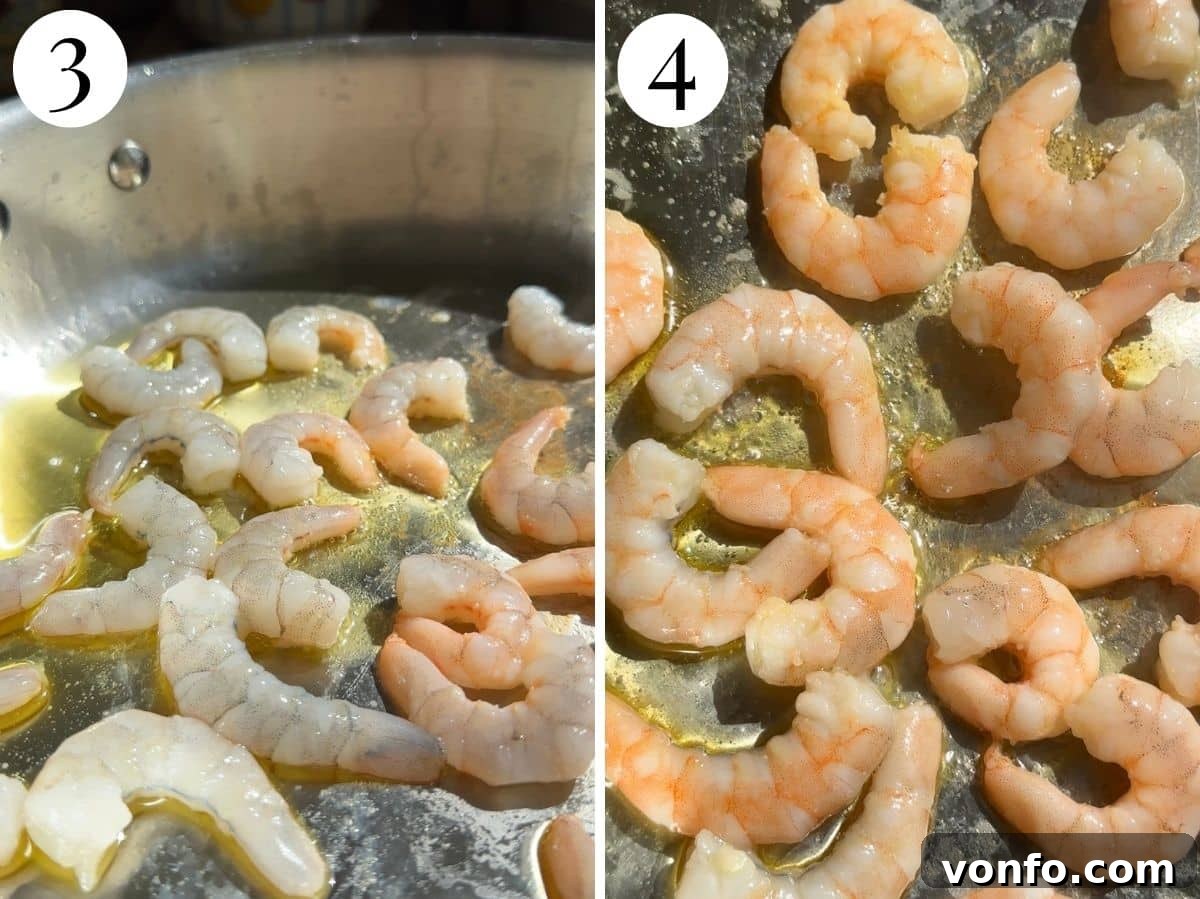 Sicilian Pistachio Pasta with Shrimp and Lemon Cream 11 Two photos showing before and after cooking shrimp in a pan.