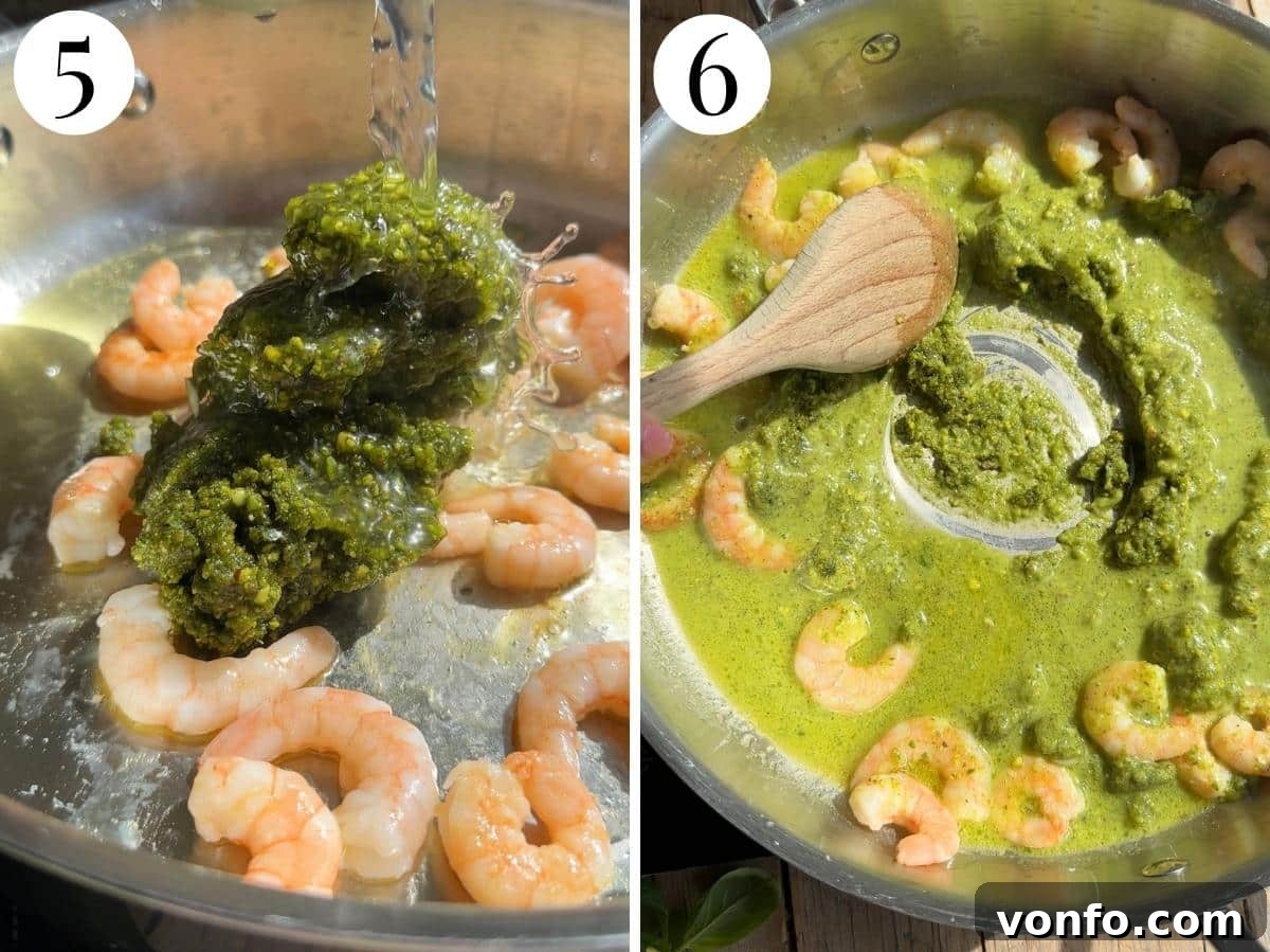 Sicilian Pistachio Pasta with Shrimp and Lemon Cream 12 Two photos showing how to add pasta water and pistachio pesto to the shrimp to make a sauce.