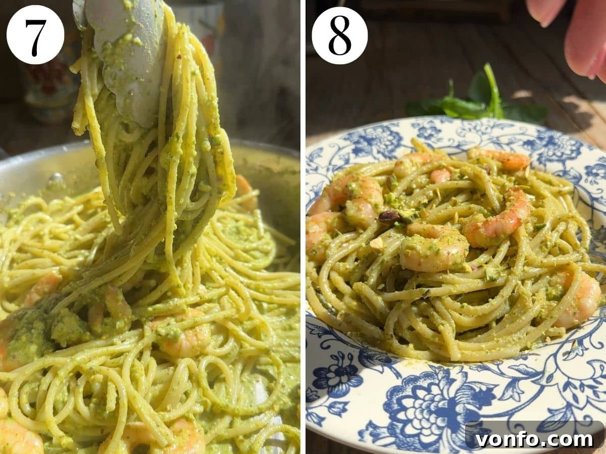 Sicilian Pistachio Pasta with Shrimp and Lemon Cream 13 Two photos in a collage showing how to add spaghetti to pistachio and shrimp sauce.