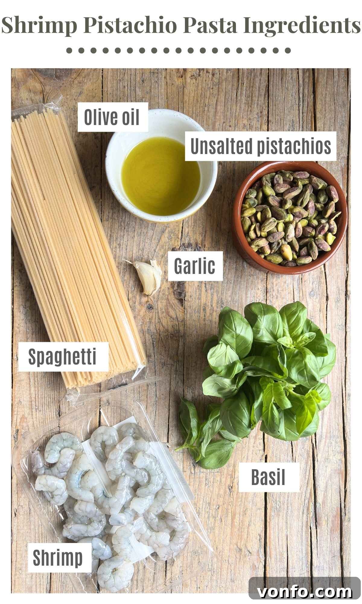 Sicilian Pistachio Pasta with Shrimp and Lemon Cream 3 An overhead shot of all the ingredients needed to make Sicilian pistachio shrimp pasta.